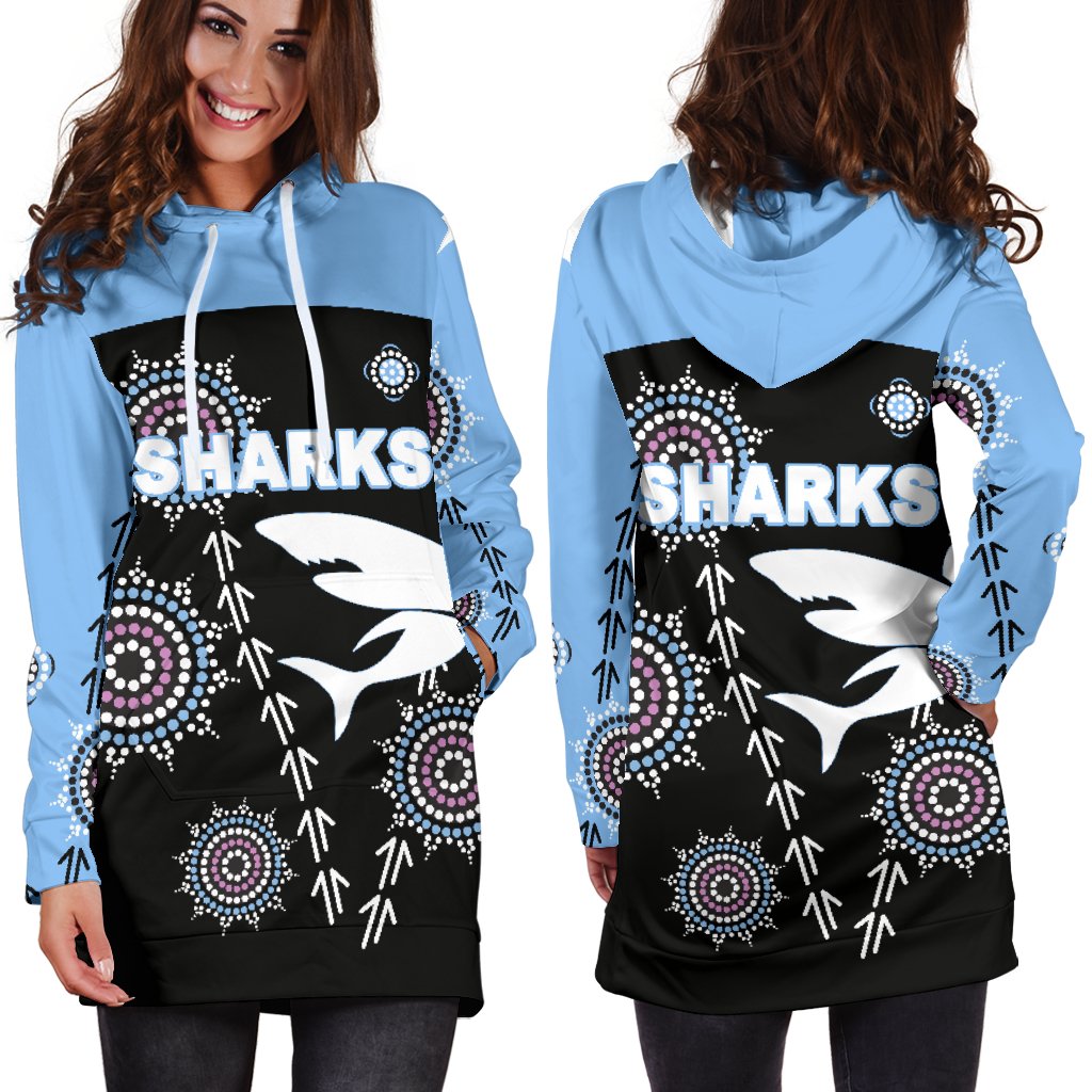 cronulla-womens-hoodie-dress-sharks-simple-indigenous-black