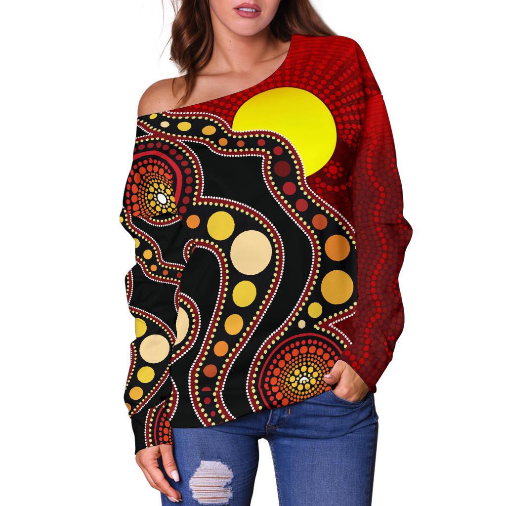 Aboriginal Off Shoulder Sweater, Australia Aboriginal Lives Matter Flag Circle Dot Painting Art Sweater - Vibe Hoodie