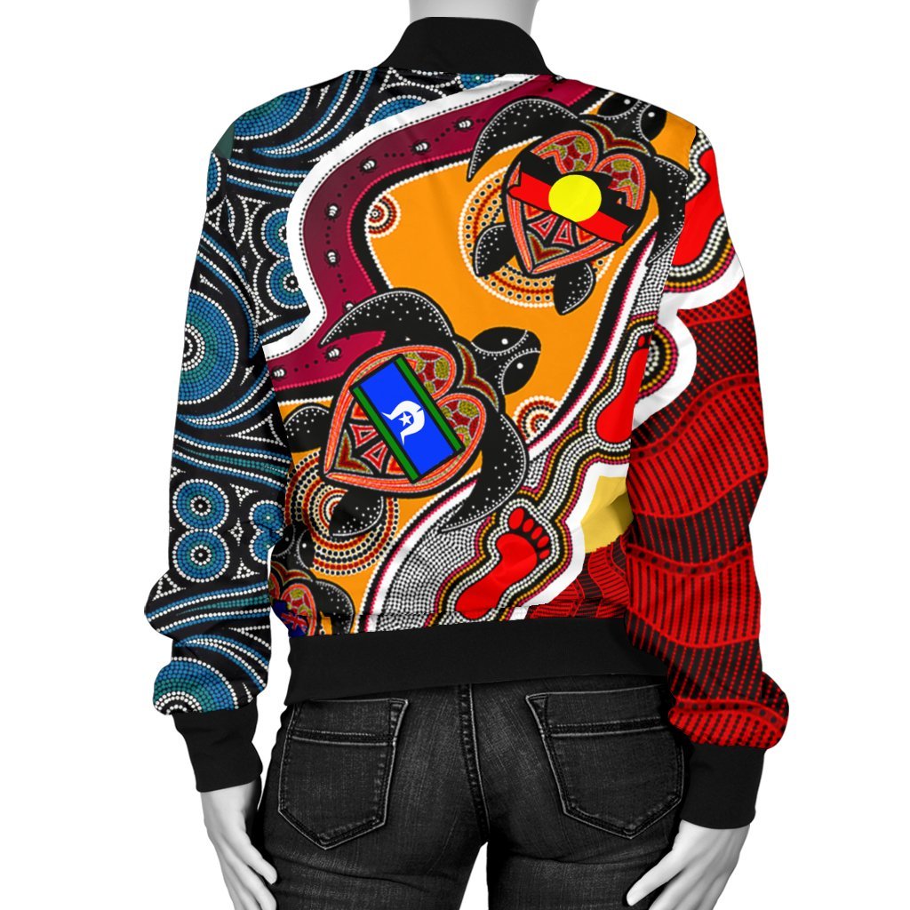 custom-womens-bomber-jacket-australia-aboriginal-dots-with-turtle-and-naidoc-flags