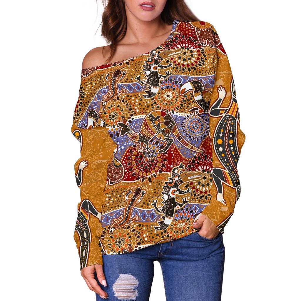 Off Shoulder Sweater - Aboriginal Patterns Sweater Australian Animals - Vibe Hoodie