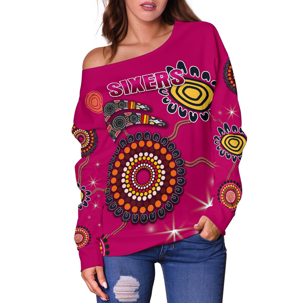 Sydney Women's Off Shoulder Sweater Sixers Indigenous - Magenta - Vibe Hoodie