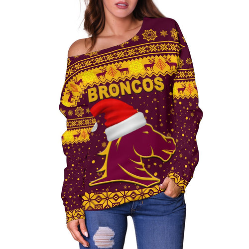 Brisbane Women Off Shoulder Sweater Broncos Christmas Unique Vibes - Maroon - Vibe Hoodie