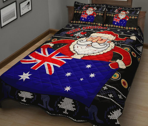 christmas-personalised-quilt-bed-set-australia-santa-claus-hold-the-flag-black