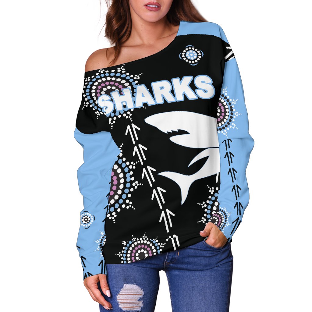 Cronulla Women's Off Shoulder Sweater Sharks Simple Indigenous - Black - Vibe Hoodie