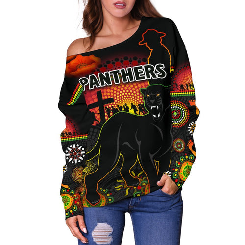 Penrith Women Off Shoulder Sweater Indigenous Panthers Anzac Day Lest We Forget - Vibe Hoodie