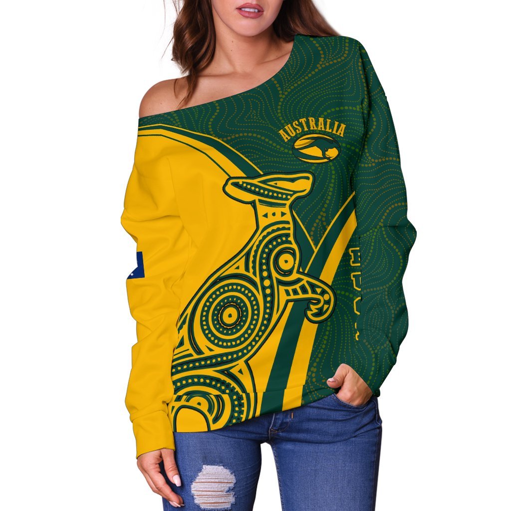 Rugby Off Shoulder Sweaters - Australian Rugby Kangaroo & Aboriginal Patterns - Vibe Hoodie