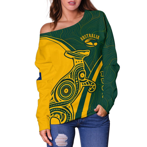 Rugby Off Shoulder Sweaters - Australian Rugby Kangaroo & Aboriginal Patterns - Vibe Hoodie