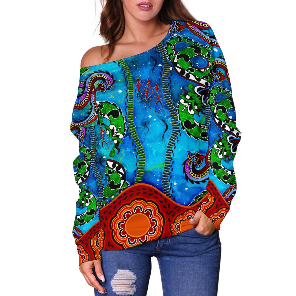 Aboriginal Women's Off Shoulder Sweater - Aussie Indigenous Patterns Blue - Vibe Hoodie