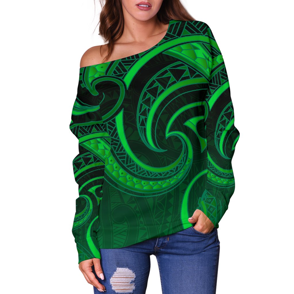 New Zealand Maori Mangopare Women Off Shoulder Sweater Polynesian - Green - Vibe Hoodie