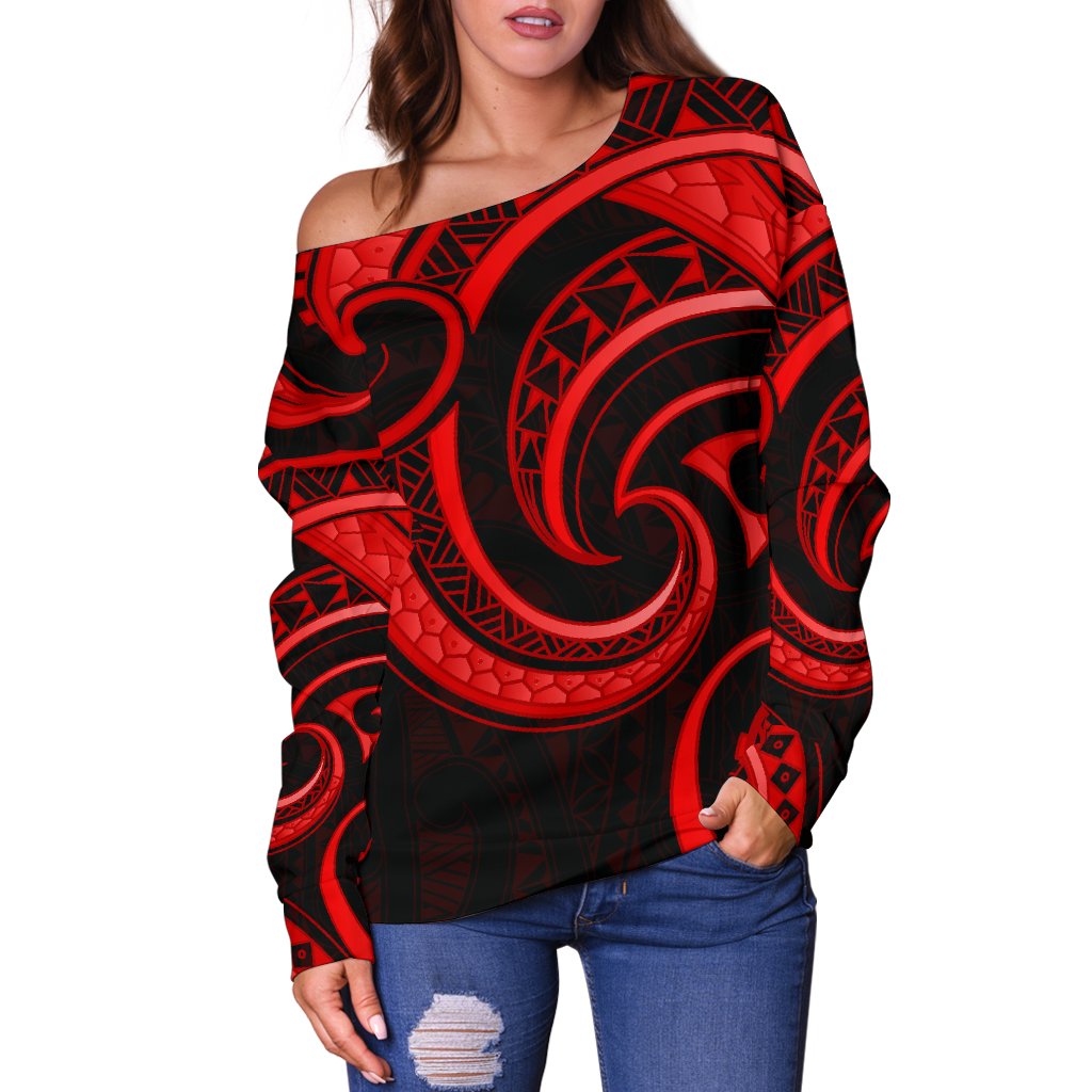 New Zealand Maori Mangopare Women Off Shoulder Sweater Polynesian - Red - Vibe Hoodie