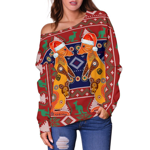 Christmas Women's Off Shoulder Sweater - Mother Kangaroo In Christmas- - Vibe Hoodie