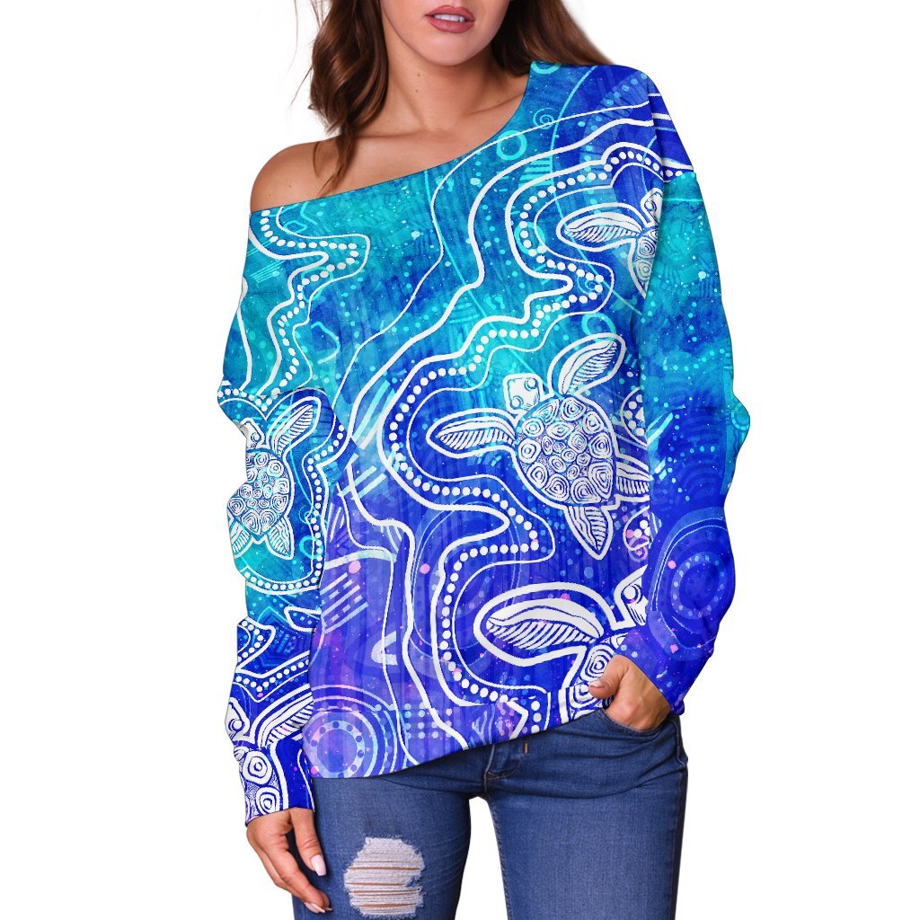 Aboriginal Women's Off Shoulder Sweaters- Sea Turtle With Indigenous Patterns (Blue) - Vibe Hoodie