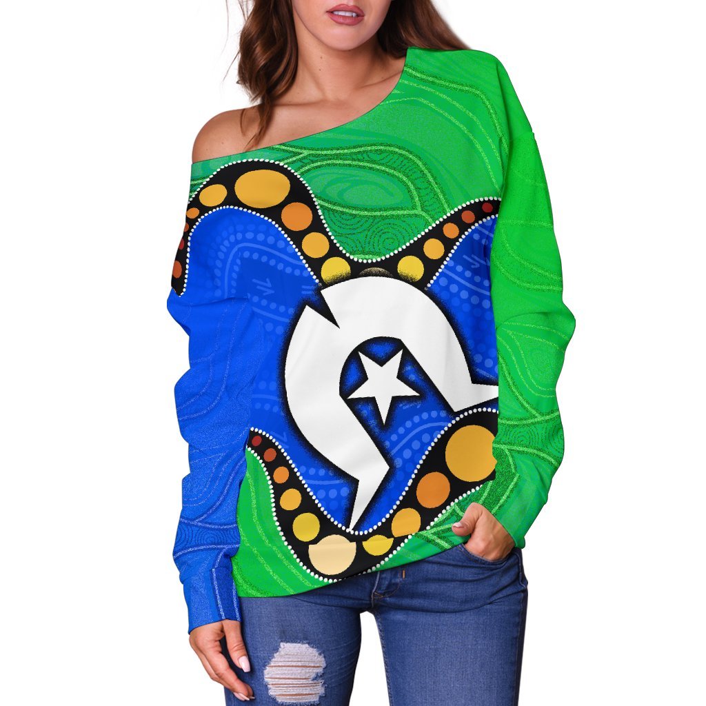 Torres Strait Islands Women's Off Shoulder Sweater -  Flag with Aboriginal Patterns - Vibe Hoodie