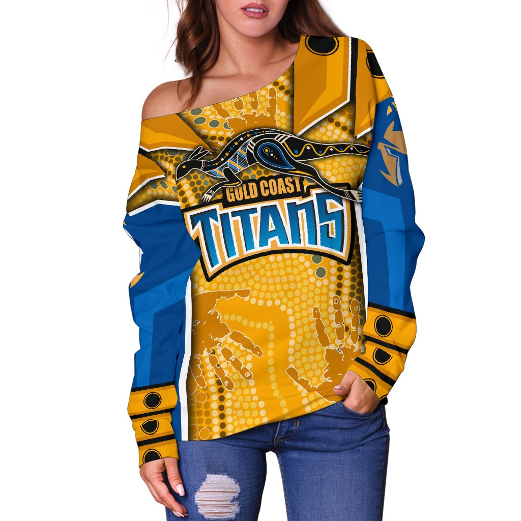 (Custom Personalised) Titans Women's Off Shoulder Sweater Gold Coast Aboriginal Armor Version - Vibe Hoodie