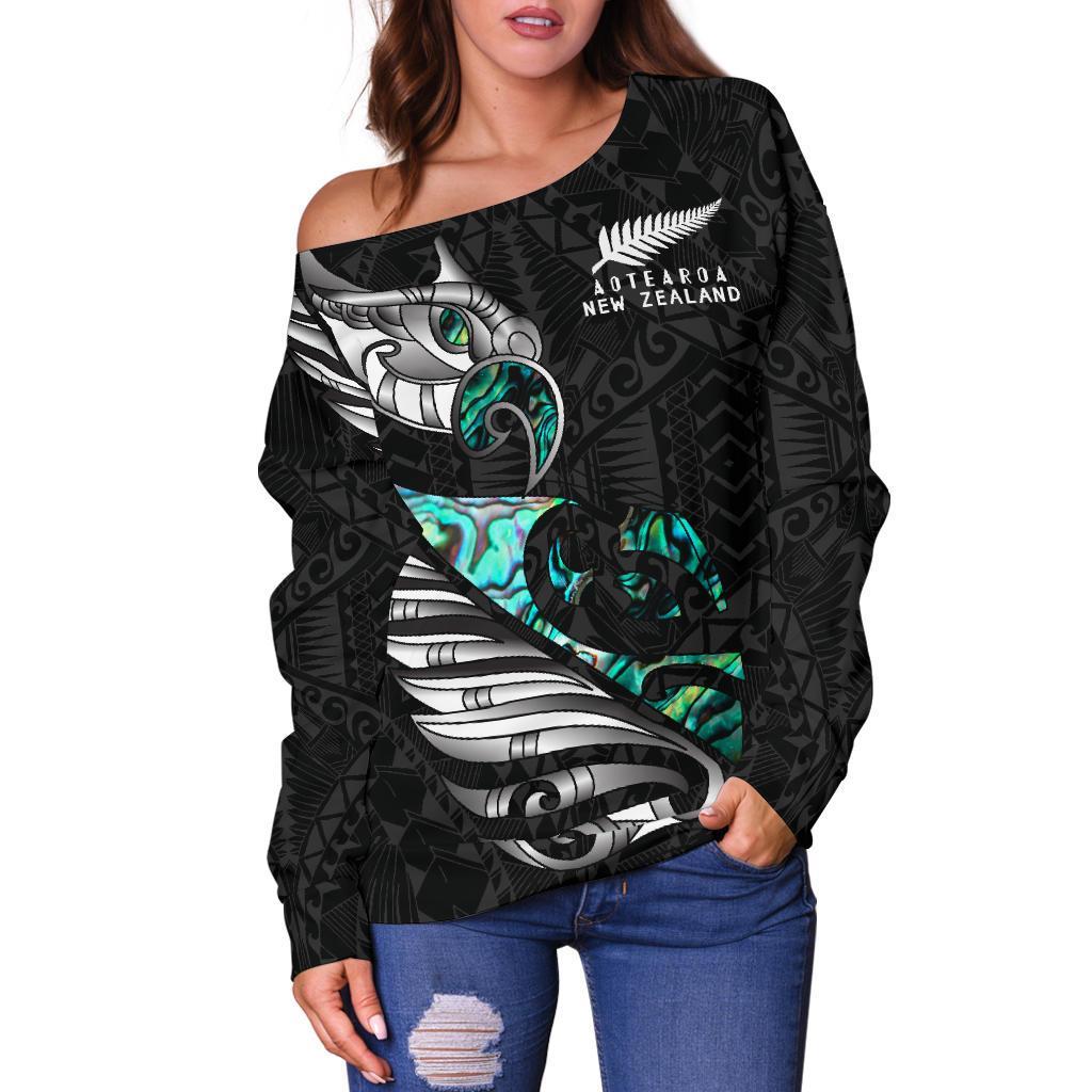 New Zealand Off Shoulder Sweater Manaia Paua Fern Wing - White - Vibe Hoodie