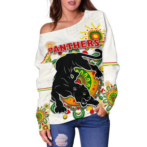 Penrith Women Off Shoulder Sweater Indigenous Panthers - White - Vibe Hoodie