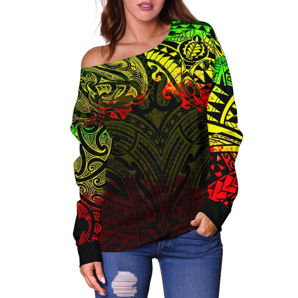 New Zealand Women's Off Shoulder Sweater, Maori Polynesian Tattoo Reggage - Vibe Hoodie