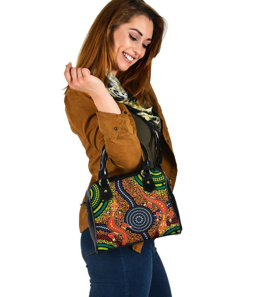 1st Australia Shoulder Handbag - Aboriginal Two Lizards Dot Painting Circle - Vibe Hoodie