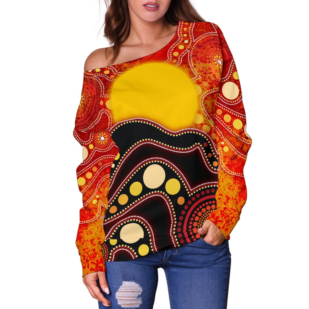 Aboriginal Off Shoulder Sweater, Aboriginal Lives Matter Flag Dot Painting Art - Vibe Hoodie