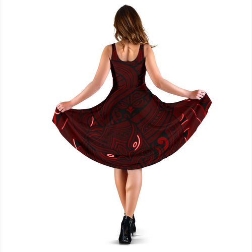 New Zealand Maori Gods Women Midi Dress Tumatauenga (God of War) - Red - Vibe Hoodie