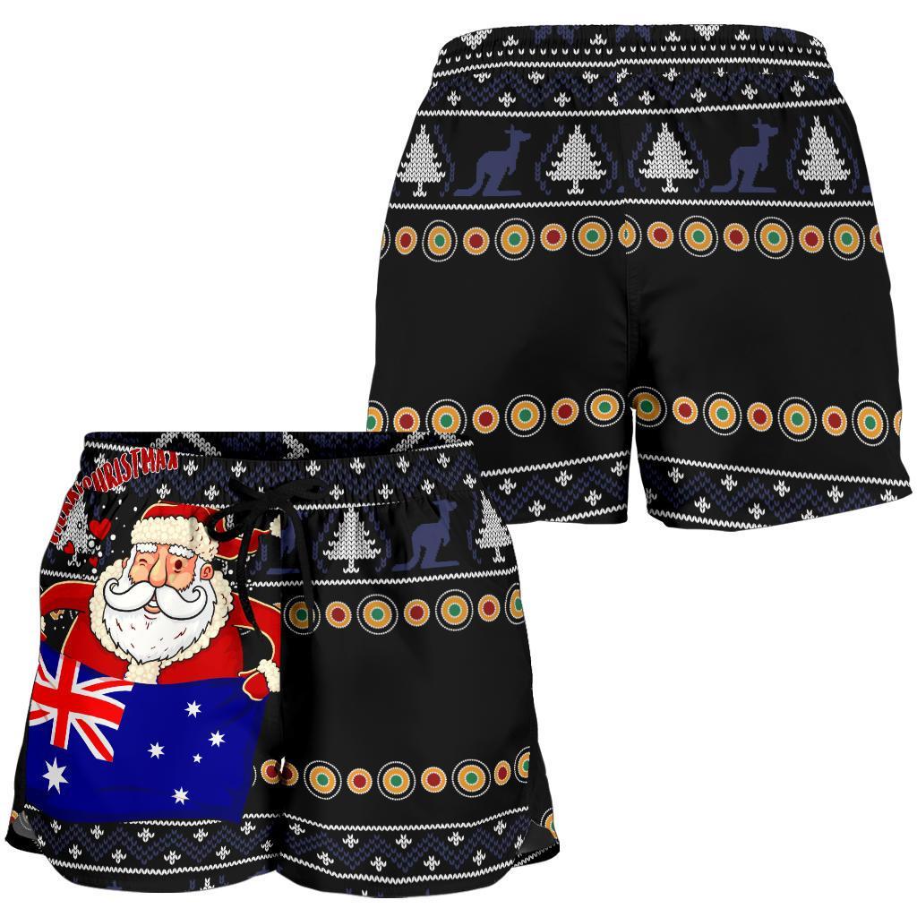 Christmas Women's Short - Australia Santa Claus Hold The Flag ( Black) - Vibe Hoodie