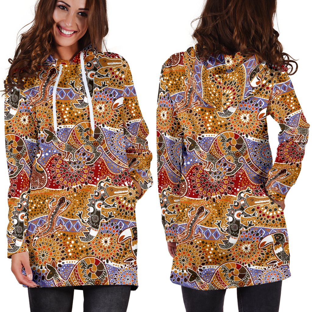 aboriginal-hoodie-dress-koala-kangaroo-patterns-australian-animals