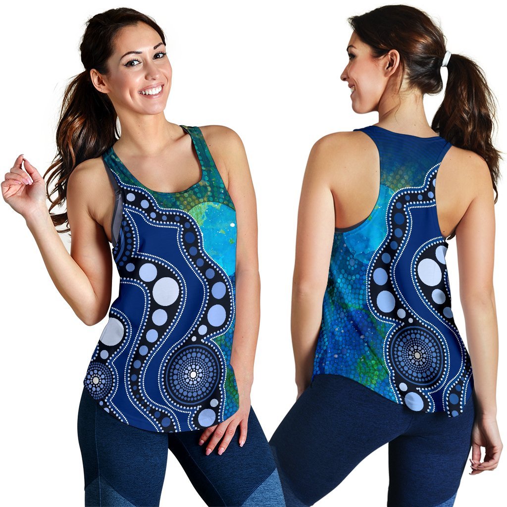 Aboriginal Women's Racerback Tank - Australia Indigenous Flag Circle Dot Painting Art (Blue) - Vibe Hoodie