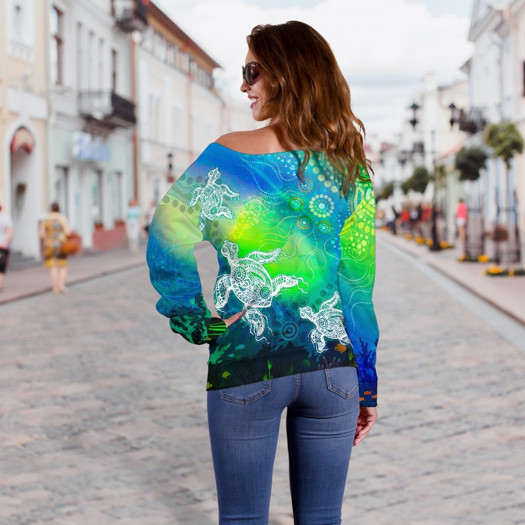 [Custom Text] Aboriginal Women's Off Shoulder Sweater - Indigenous Turtle Ocean Dot Painting Art - Vibe Hoodie