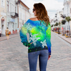 [Custom Text] Aboriginal Women's Off Shoulder Sweater - Indigenous Turtle Ocean Dot Painting Art - Vibe Hoodie