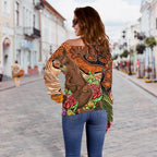 Aboriginal Women's Off Shoulder Sweater - Kangaroo With Indigenous Tree - Vibe Hoodie