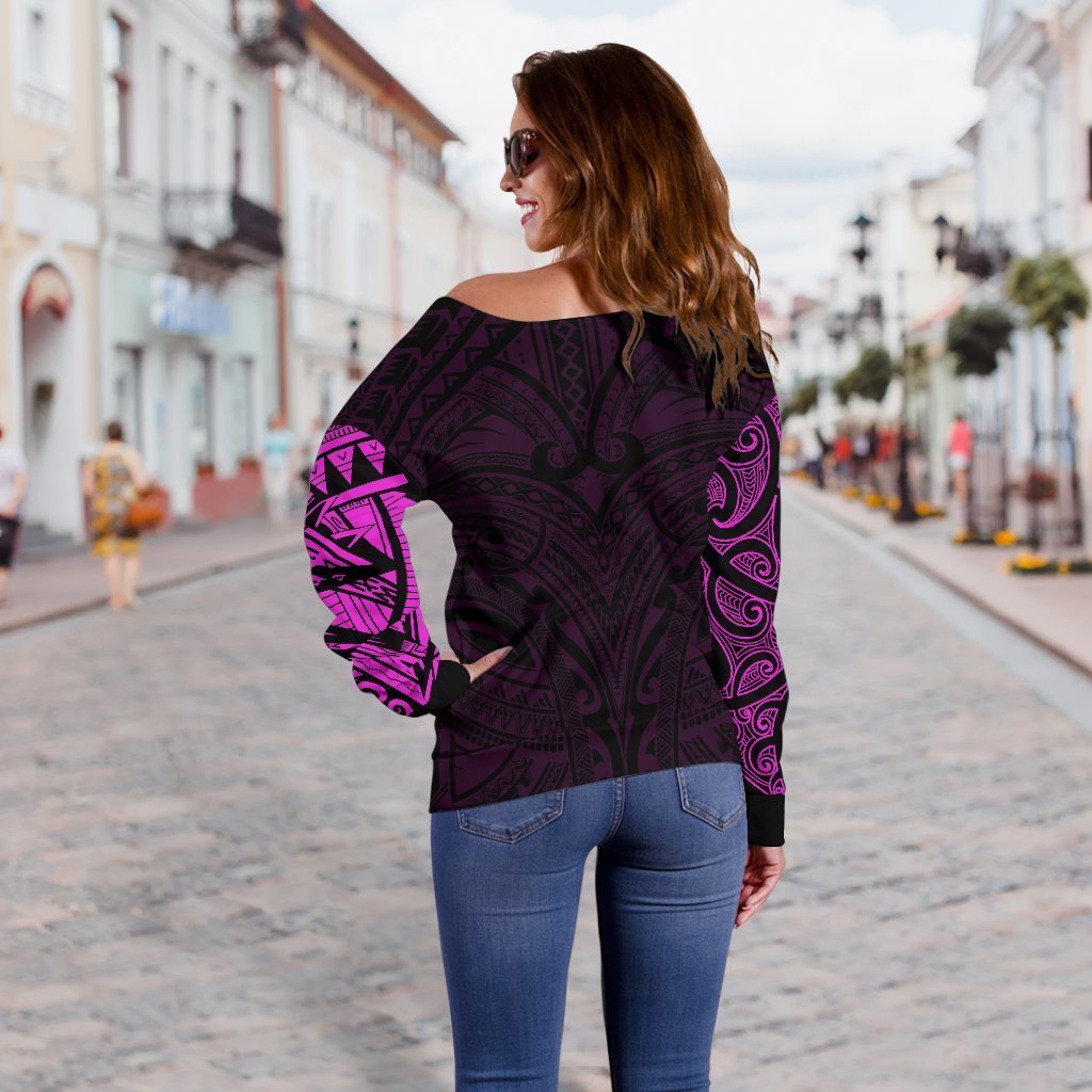 New Zealand Women's Off Shoulder Sweater, Maori Polynesian Tattoo Purple - Vibe Hoodie