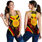 Aboriginal Women's Racerback Tank-  Indigenous Flag With Footprint Hand Art- - Vibe Hoodie