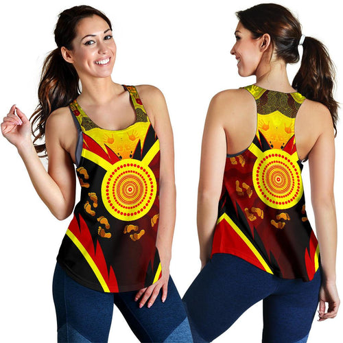 Aboriginal Women's Racerback Tank-  Indigenous Flag With Footprint Hand Art- - Vibe Hoodie