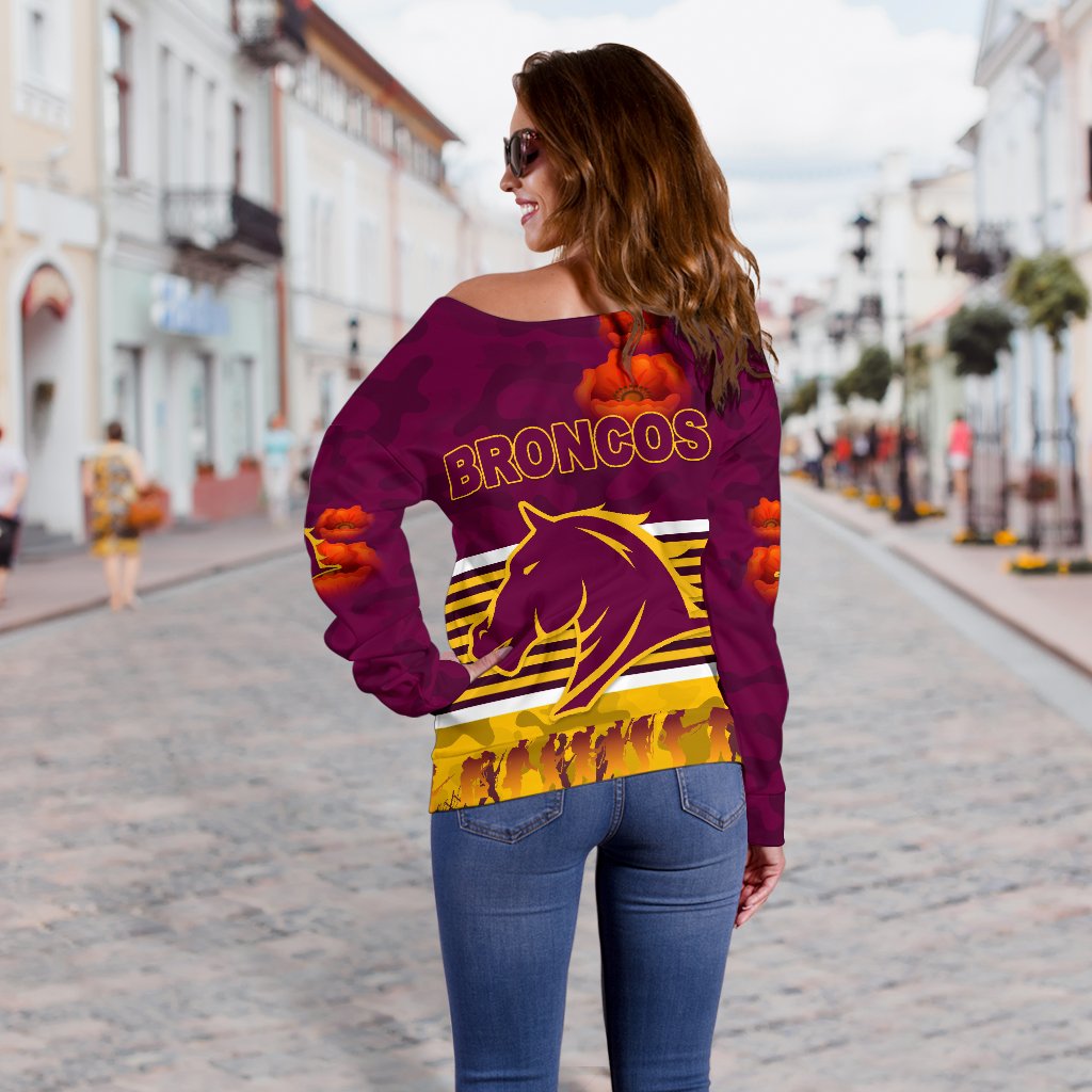 Brisbane Broncos Women's Off Shoulder Sweater Anzac Day Simple Style - Maroon - Vibe Hoodie