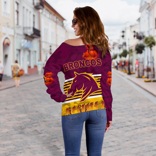 Brisbane Broncos Women's Off Shoulder Sweater Anzac Day Simple Style - Maroon - Vibe Hoodie