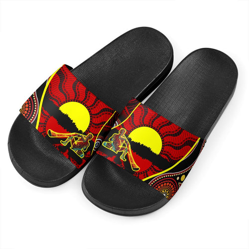 slide-sandals-australia-aboriginal-dots-with-didgeridoo-black