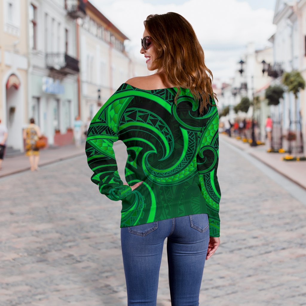 New Zealand Maori Mangopare Women Off Shoulder Sweater Polynesian - Green - Vibe Hoodie