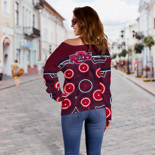 Reds Rugby Australian Off Shoulder Sweater Simple Indigenous Queensland - Vibe Hoodie