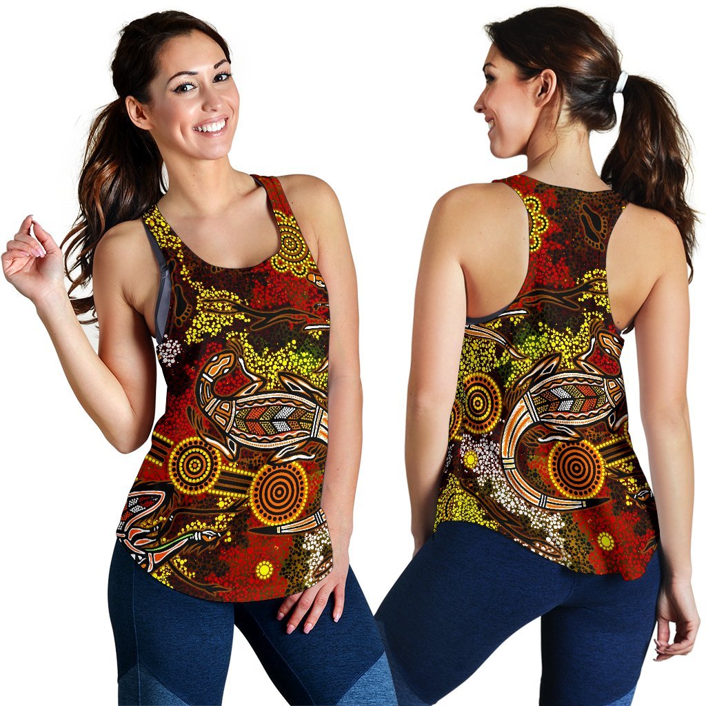 Aboriginal Women's Racerback Tank , Kangaroo and Lizard Dot Painting Art - Vibe Hoodie