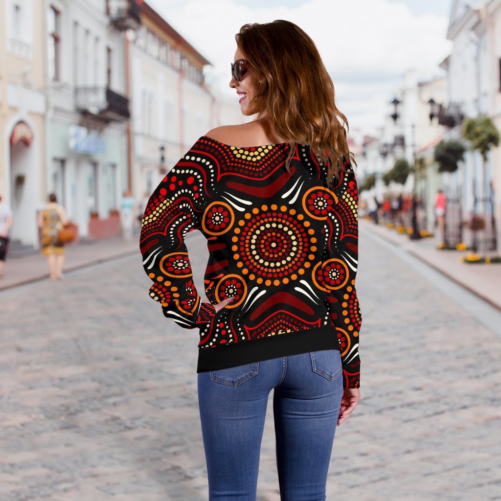 Aboriginal Women's Off Shoulder Sweater - Aboriginal Boomerangs With Dot Painting Pattern - Vibe Hoodie