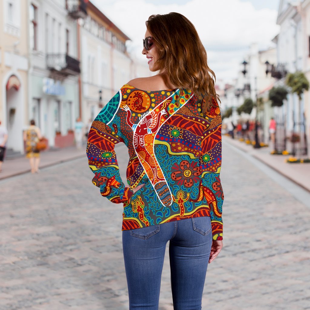 Aboriginal Women's Off Shoulder Sweater - Indigenous Boomerang - Vibe Hoodie