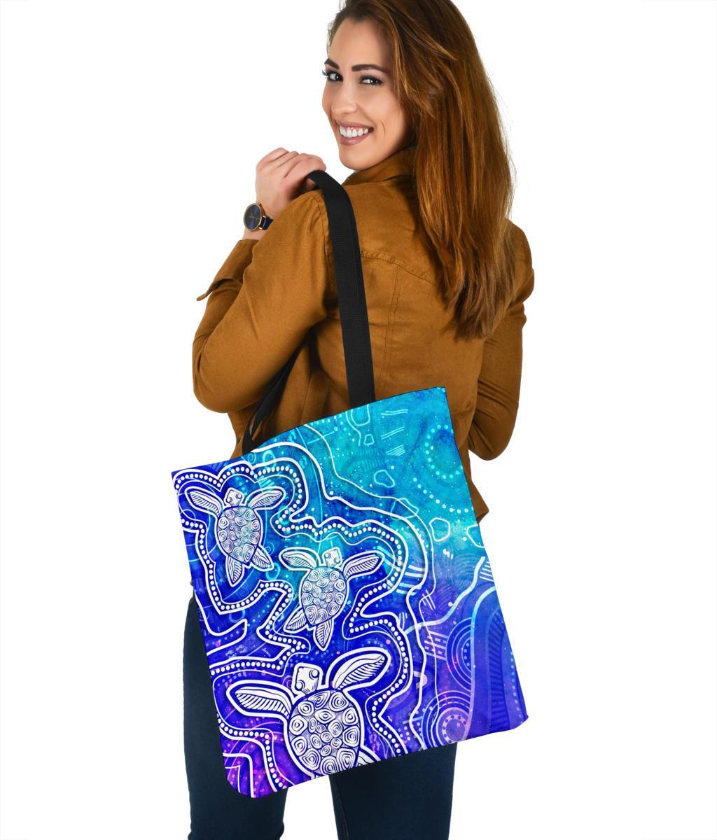 aboriginal-tote-bags-sea-turtle-with-indigenous-patterns-blue
