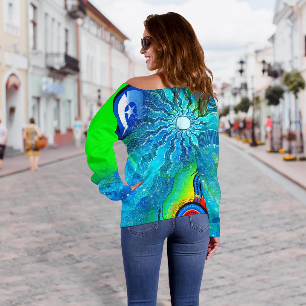 Off Shoulder Sweater - Torres Strait Islanders Flag with Aboriginal Patterns Sweater - Vibe Hoodie