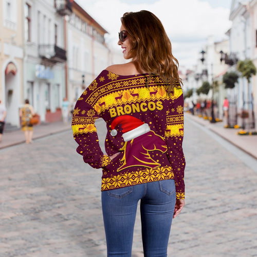 Brisbane Women Off Shoulder Sweater Broncos Christmas Unique Vibes - Maroon - Vibe Hoodie