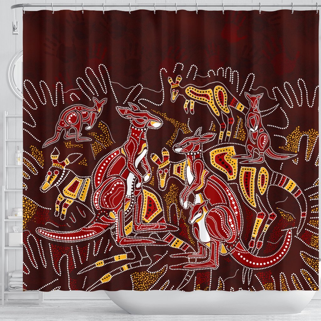 aboriginal-shower-curtain-kangaroo-family-with-hand-art