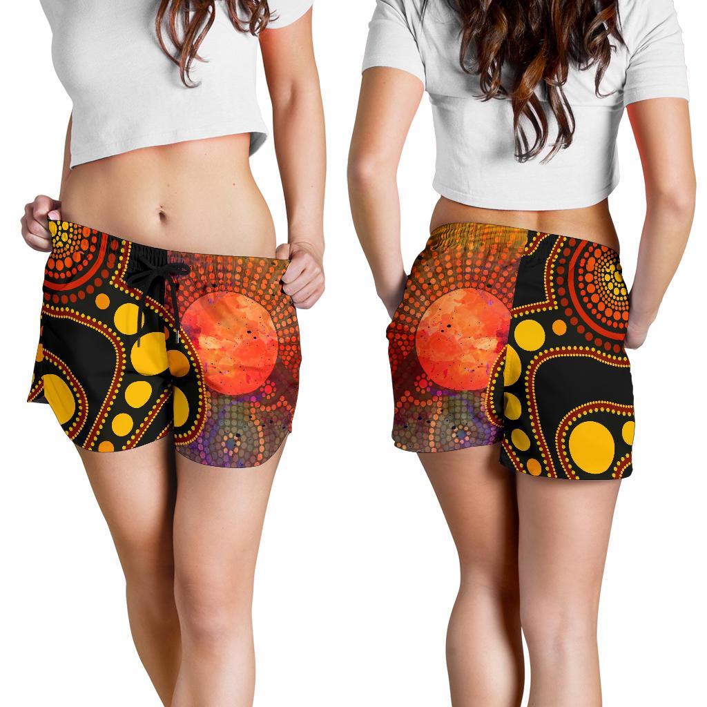 Aboriginal Women's Shorts - Australia Indigenous Flag Circle Dot Painting Art (Golden) - Vibe Hoodie