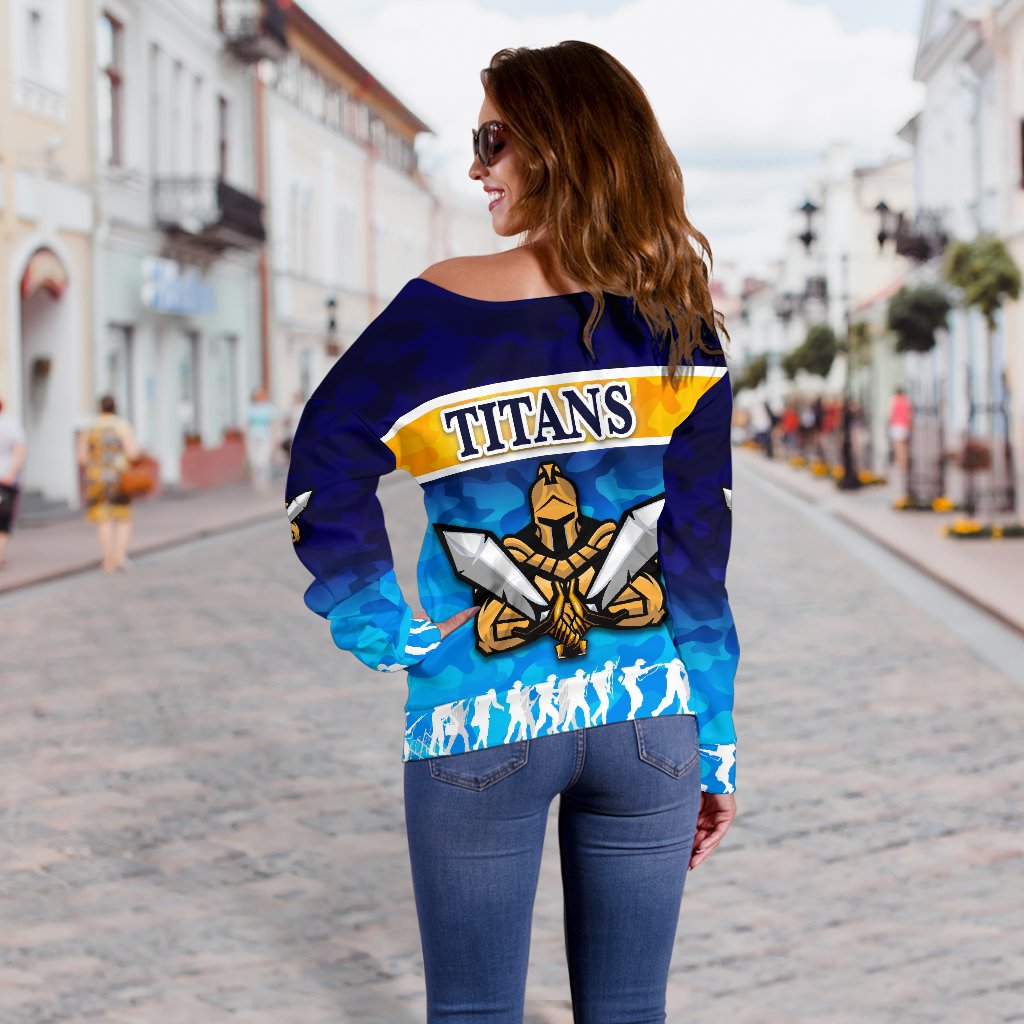 Gold Coast Women Off Shoulder Sweater Titans Gladiator Anzac Day 2021 Version - Camouflage - Vibe Hoodie