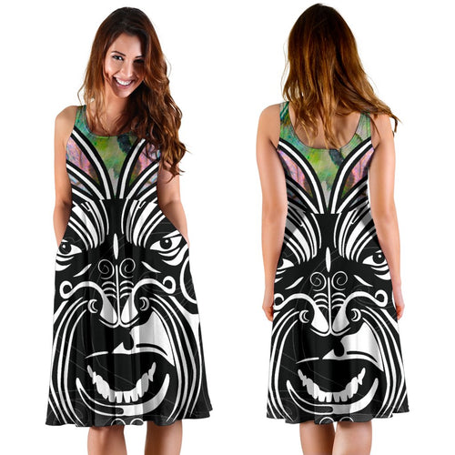 New Zealand Paua Shell with Maori Face Women Midi Dress - Vibe Hoodie
