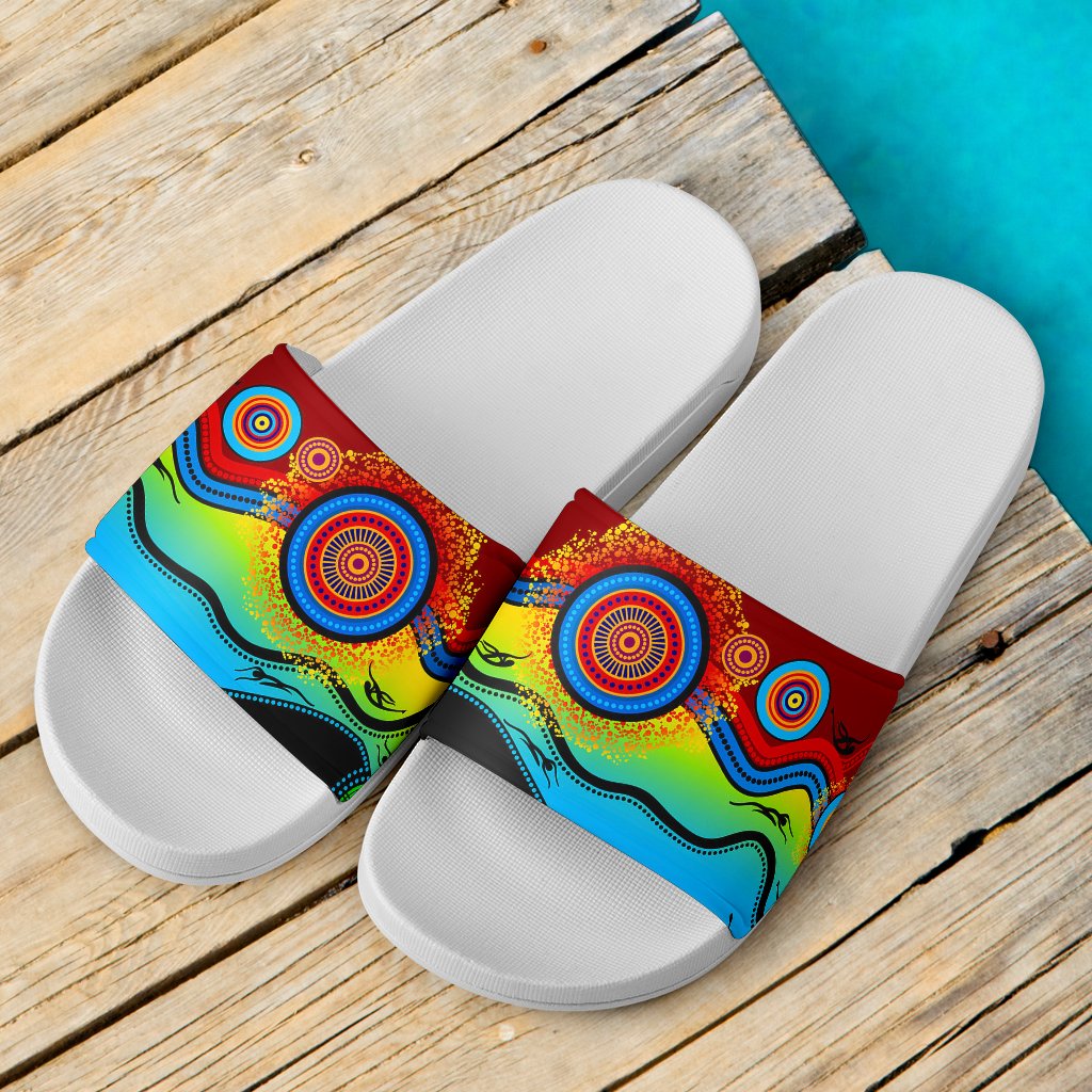 slide-sandals-flowers-circle-dot-painting-blue-dream-white