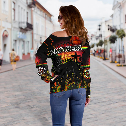 Penrith Women Off Shoulder Sweater Indigenous Panthers Anzac Day Lest We Forget - Vibe Hoodie